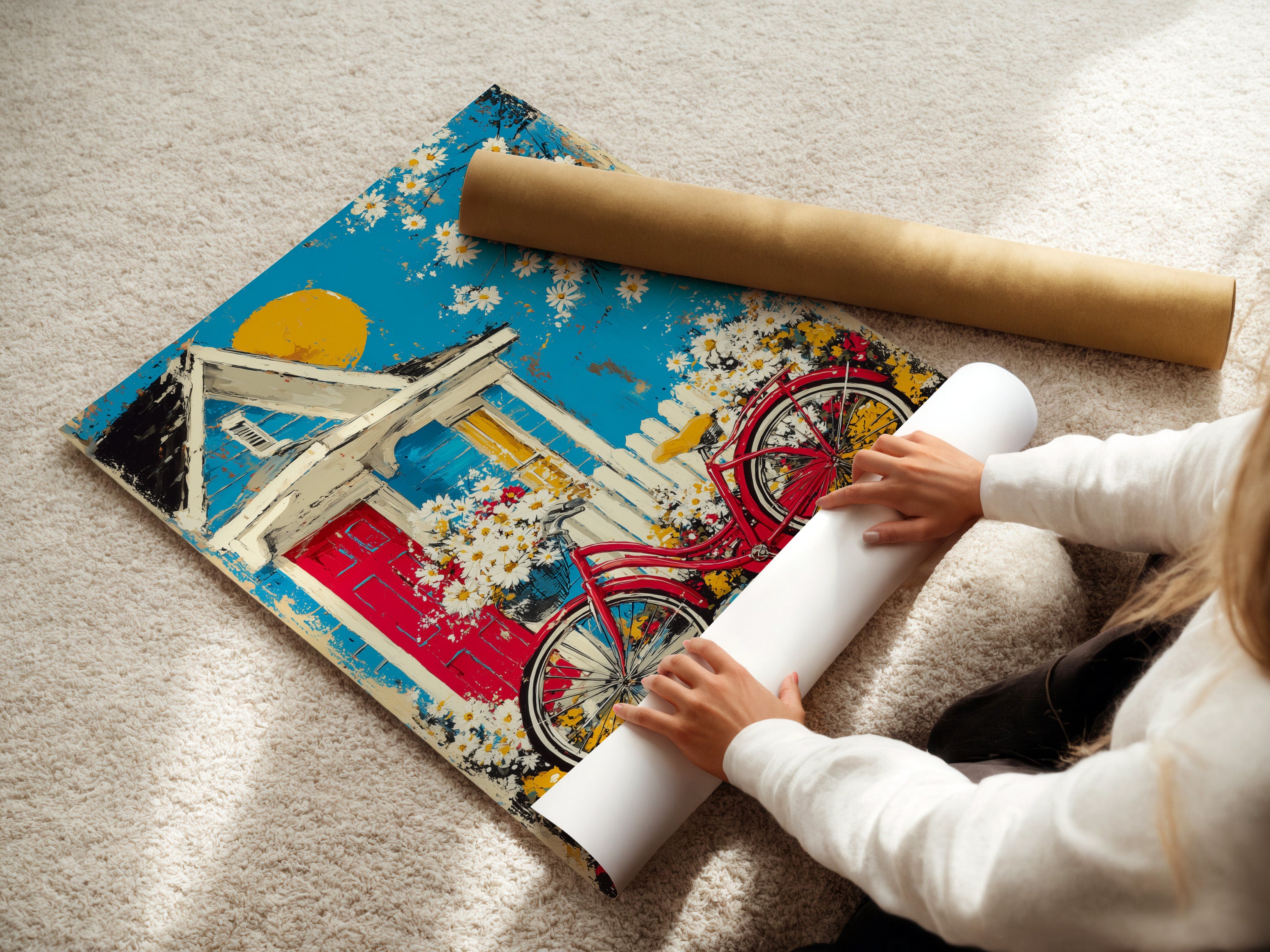 A woman carefully rolls a fine art poster paper featuring the Cottage Garden artwork. The artwork displays a vintage red bicycle with a charming cottage. This high-quality print captures every detail of the original artwork. Cottage style art is ready to be framed.