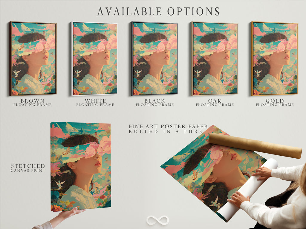 Available options include a stretched canvas print. Also available is fine art poster paper and a floating frame. Choose the perfect combination for your artwork. Explore various options to match your style and needs. Find the perfect fit.