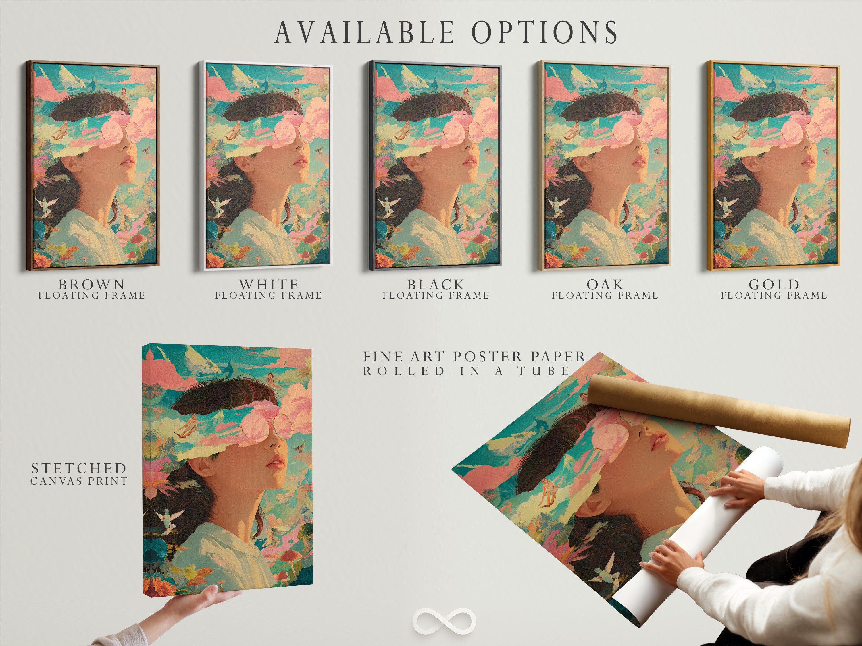 Available options include a stretched canvas print. Also available is fine art poster paper and a floating frame. Choose the perfect combination for your artwork. Explore various options to match your style and needs. Find the perfect fit.