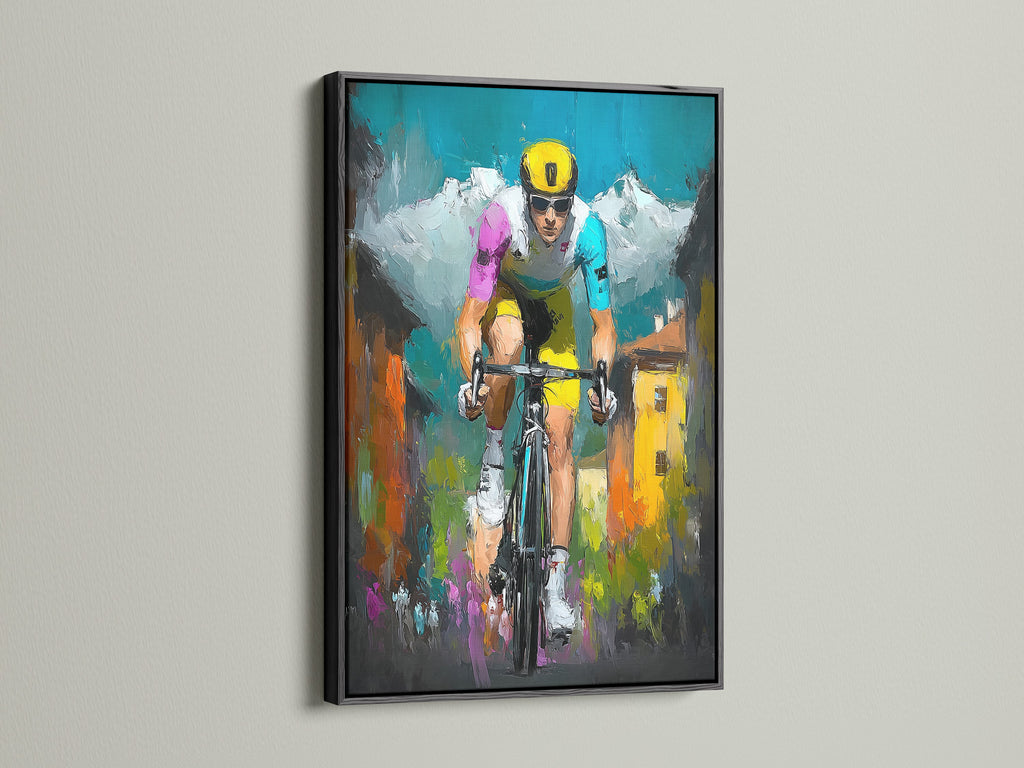 Artwork of a cyclist in a black frame. The artwork features vibrant colors and dynamic brushstrokes. The black frame provides a bold and classic contrast. It enhances the visual impact of the artwork. Ideal for creating a focal point in your decor.