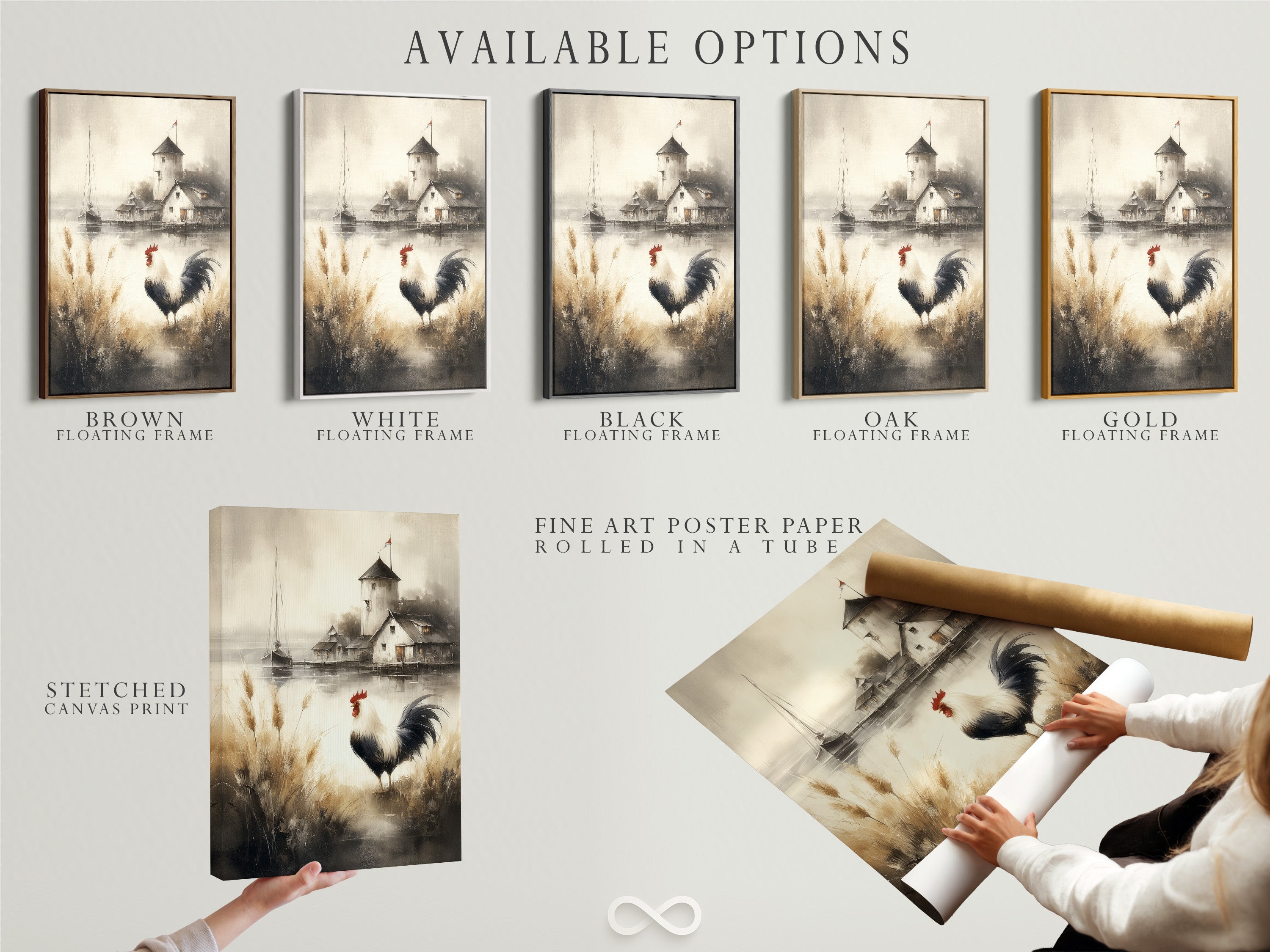 Available options include stretched canvas print fine art poster paper and floating frame. The artwork displays rooster artwork. Choose your preferred style for farmhouse decor. This rustic print enhances any space.
