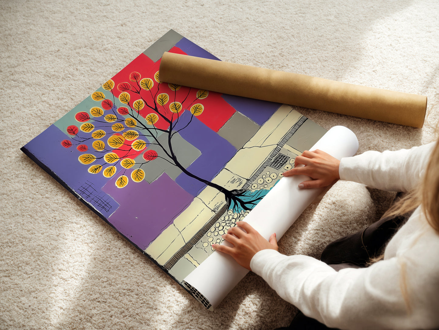 A woman is carefully rolling a fine art poster paper print. High-quality materials ensure the artwork looks its best. Fine art posters offer a versatile option. They are great for various spaces and styles. The poster features an abstract tree design.
