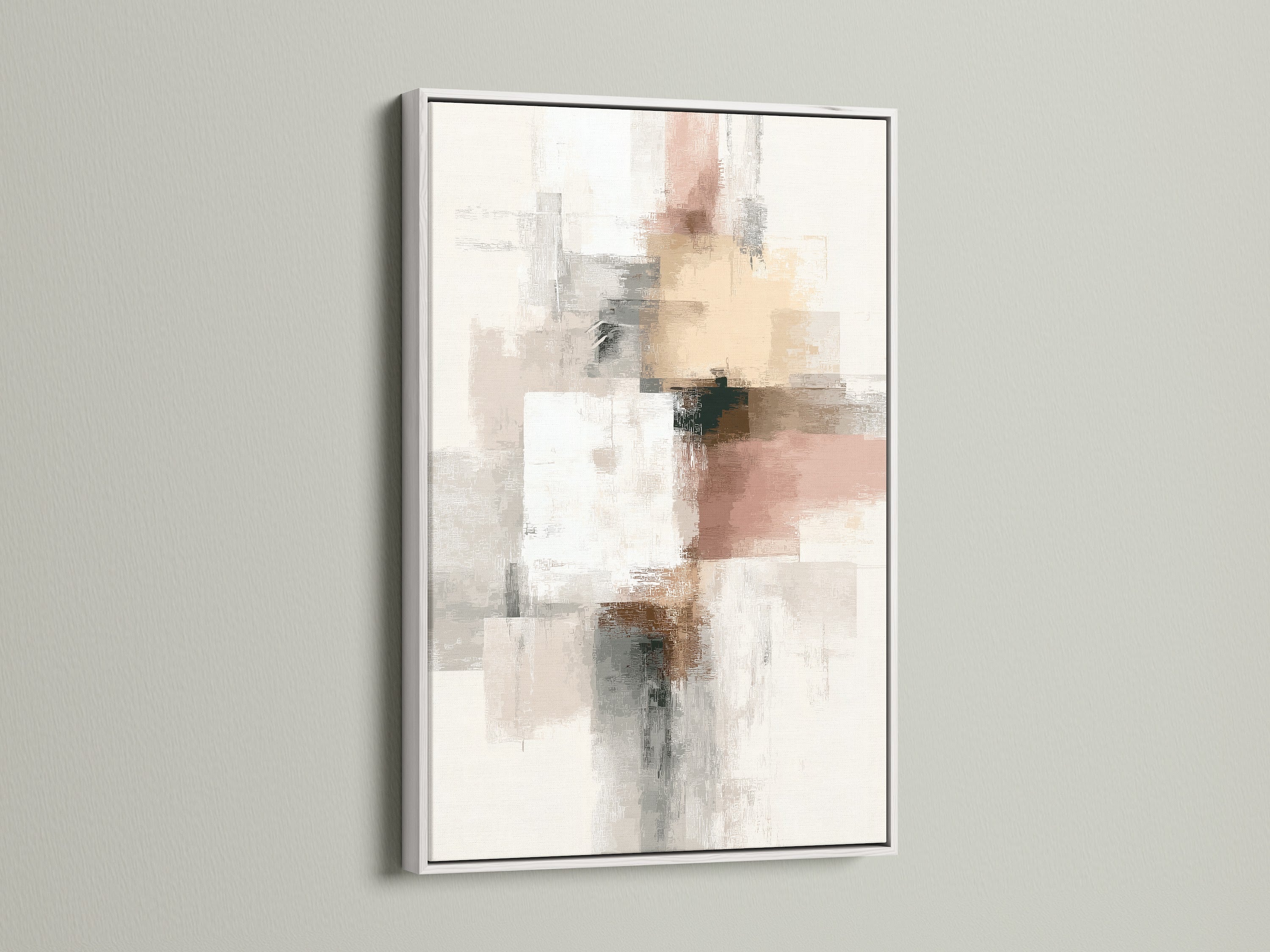 This abstract wall art is presented in a white frame. The artwork features a neutral color palette with blush pink and gray tones. This modern minimalist print is perfect as bedroom wall decor. This piece is suited for minimalist or Scandinavian interiors. It enhances living rooms and entryways.
