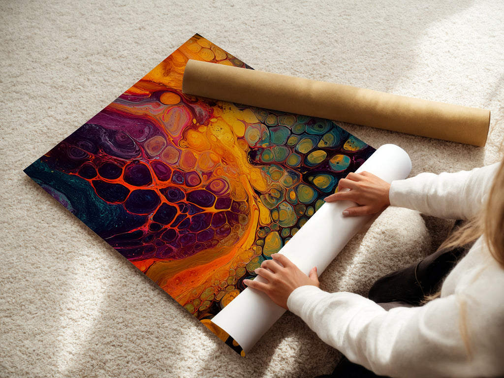 A woman carefully rolls a fine art poster paper. The high-quality paper ensures vibrant colors and sharp details. Fine art poster paper is perfect for art prints and reproductions. Preserve your art for years to come. Get your prints on premium paper.