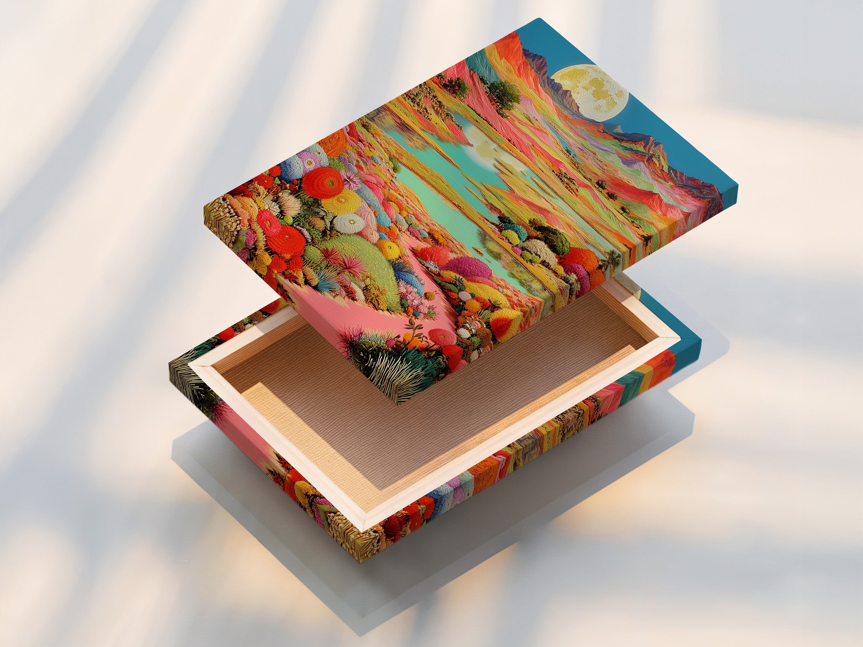 A stretched canvas print displays a fantasy landscape with a moon. The canvas print is stretched. It is ready to hang. The artwork features vibrant colors. This piece adds a touch of whimsy to any room. It is perfect for those seeking elevated modern wall art.