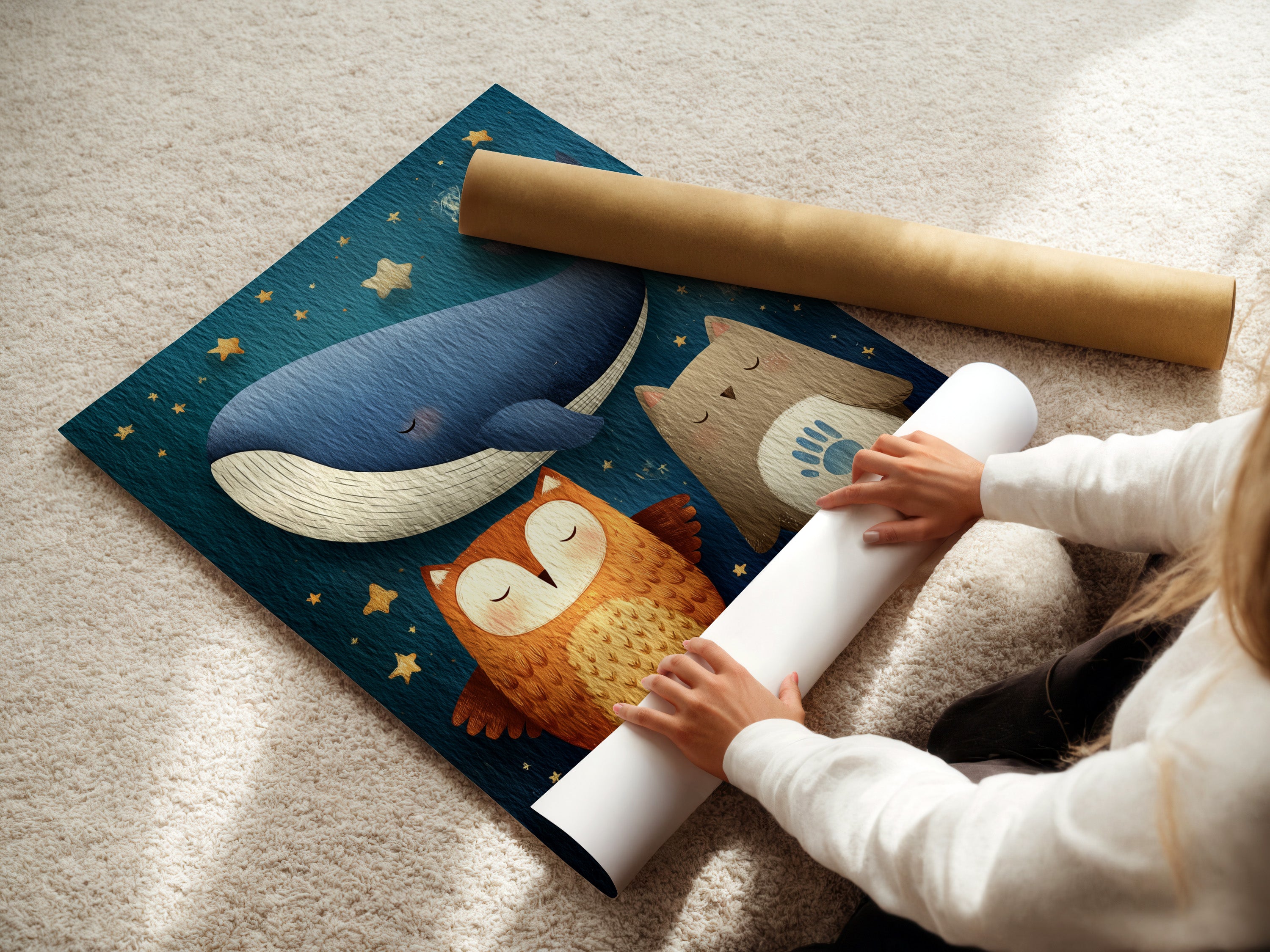 A woman carefully rolling a fine art poster paper. The high-quality paper ensures vibrant colors and sharp details. This preserves the beauty of the artwork. Ideal for art enthusiasts who appreciate premium materials and craftsmanship.
