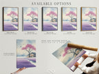 Available options for the Japanese Cherry Blossom artwork. Choose from a stretched canvas print fine art poster paper or floating frame. This Asian landscape watercolor painting is perfect for modern decor. Find the ideal art print for your space.