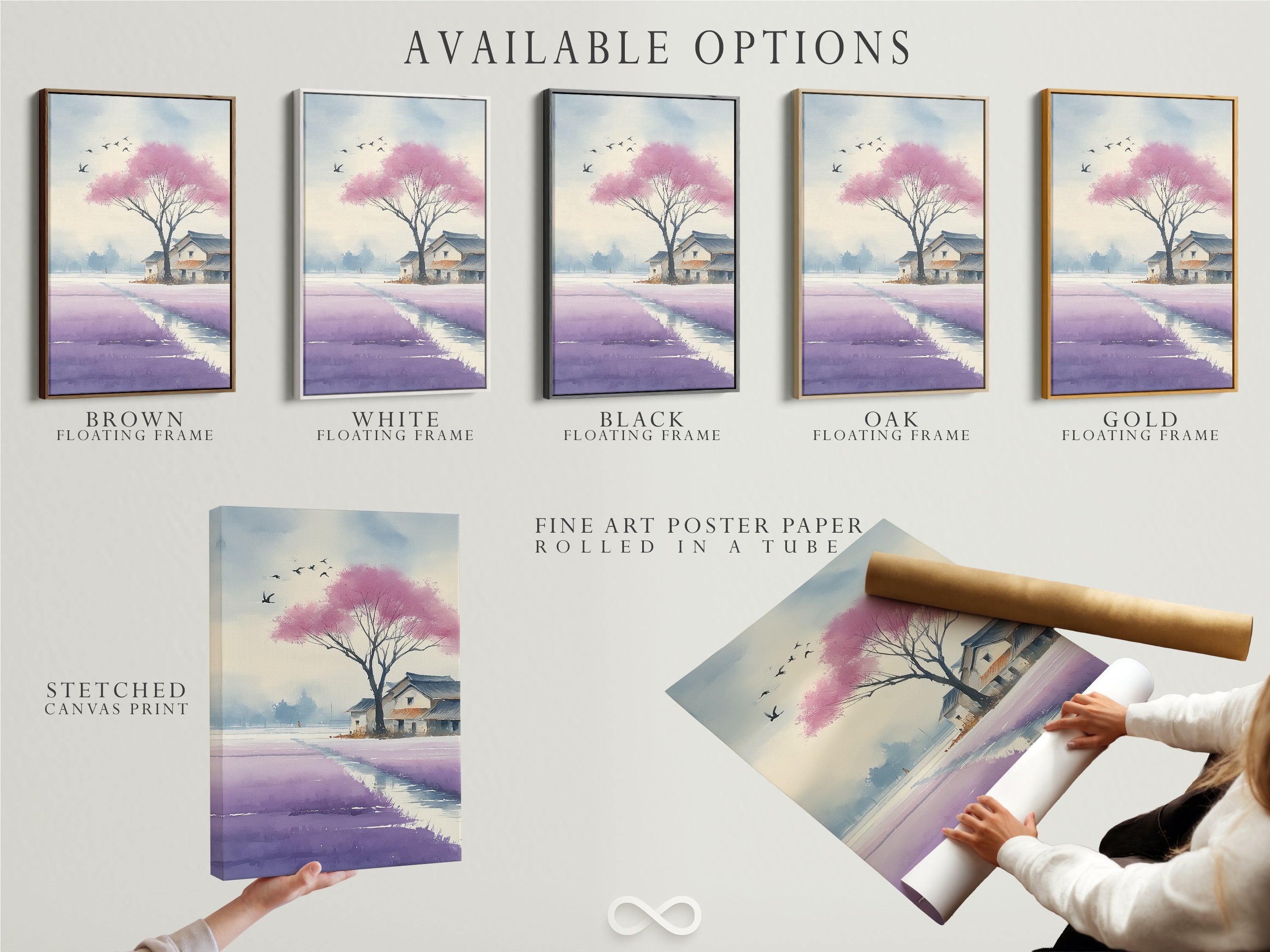 Available options for the Cherry Blossom Asian Landscape artwork are displayed. These include a stretched canvas print fine art poster paper and a floating frame. It adds subtle elegance through calming nature-inspired decor.