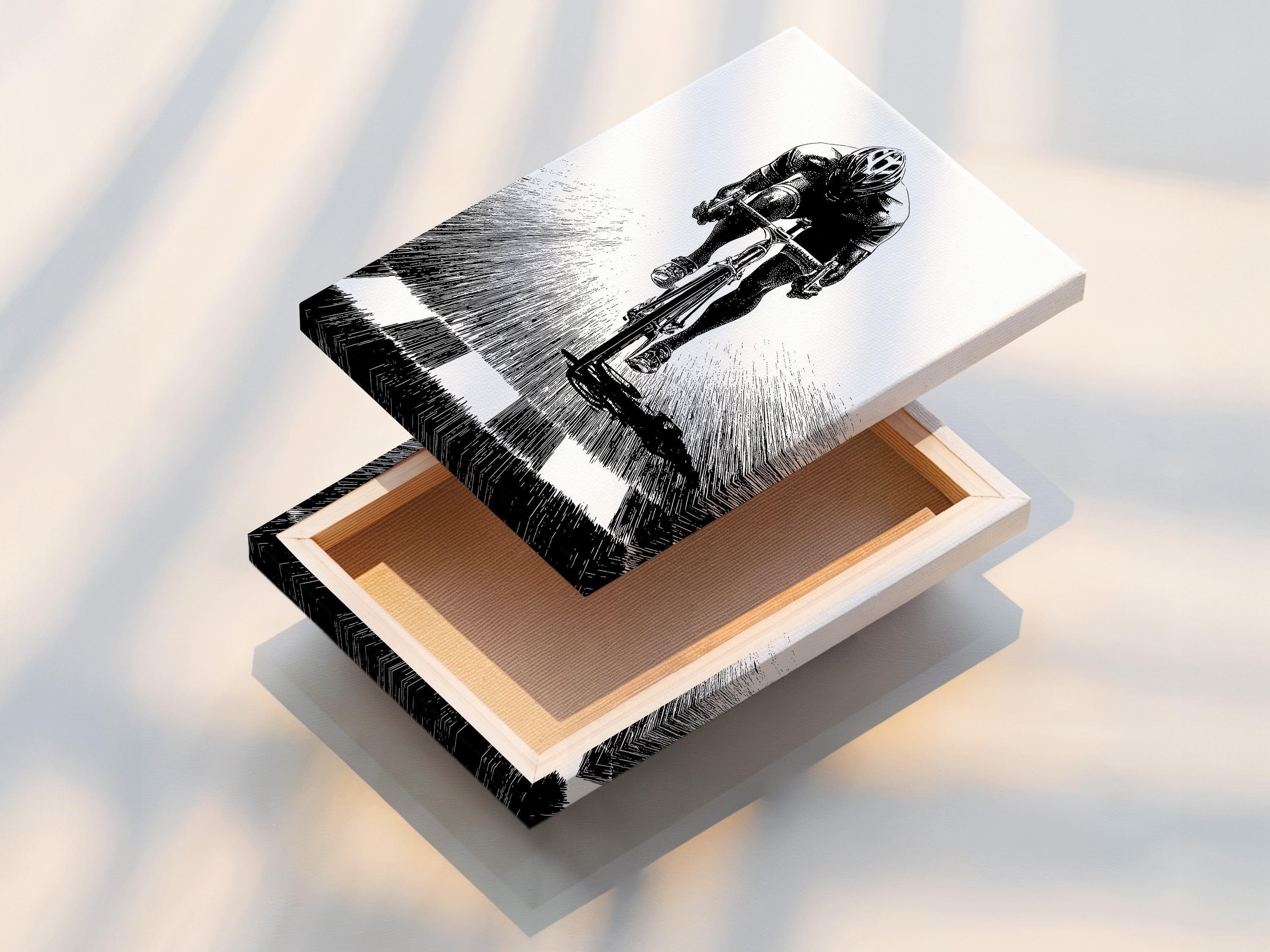 A stretched canvas print of cycling art. The canvas is gallery-wrapped for a professional look. This print is ready to hang and enjoy. It is perfect for home office decor or gym decor. Add a touch of athleticism to your walls with this artwork.