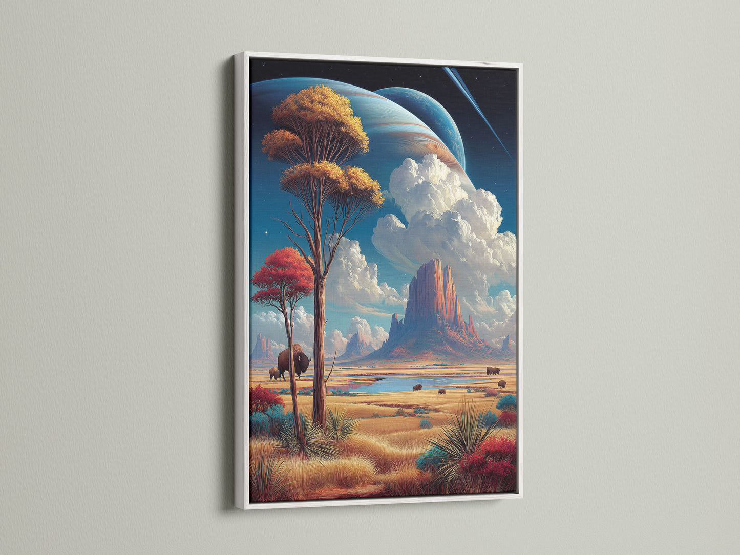 Bison Landscape artwork set in a crisp white frame. Southwestern wall art showcasing Monument Valley adds a touch of desert charm. Earthy tones complement office and home decor. Explore this nature canvas for a serene touch.