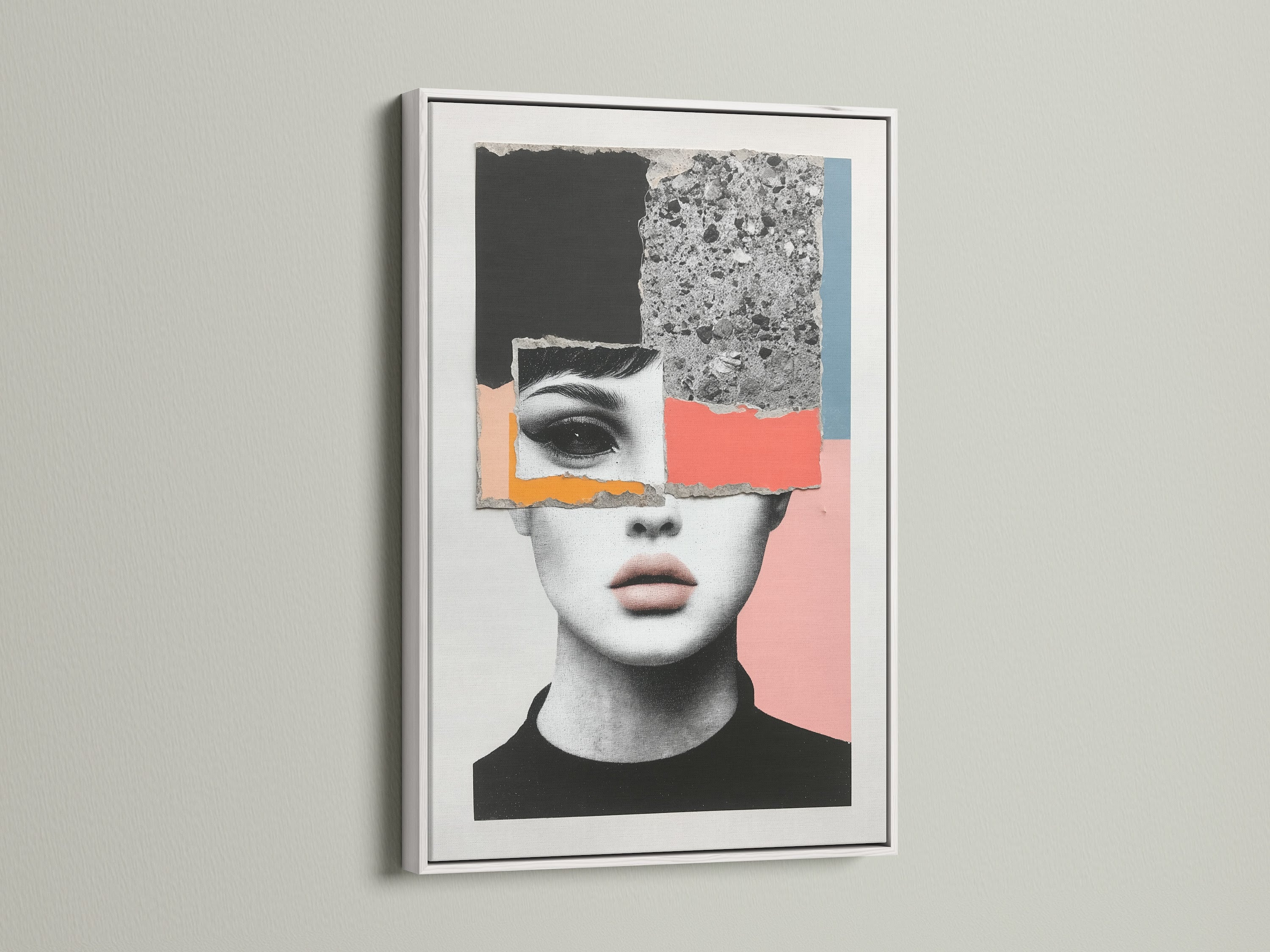 Abstract face artwork in a clean white frame. This modern collage wall art brings a contemporary feel. Perfect for stylish bedroom decor. This art fits minimalist retro industrial or eclectic styles. Ideal for living rooms bedrooms offices studios lobbies clinics boutiques and salons.