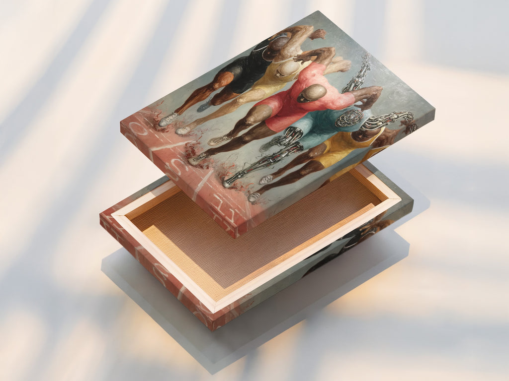 A stretched canvas print of the running athletes artwork. The canvas texture adds depth. Ready to hang this piece brings energy to your space. Ideal for home gym decor or motivational office wall art. This sports canvas is a great fit for any space.