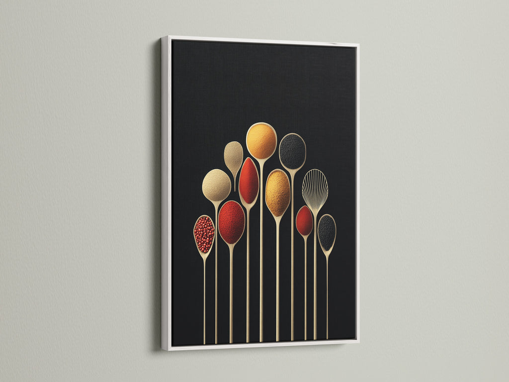 Spice Spoons artwork displayed in a white frame. This modern art print is perfect for kitchen decor. The black background enhances the spice art creating a stunning visual.