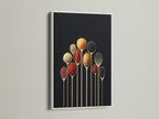 Spice Spoons artwork displayed in a white frame. This modern art print is perfect for kitchen decor. The black background enhances the spice art creating a stunning visual.