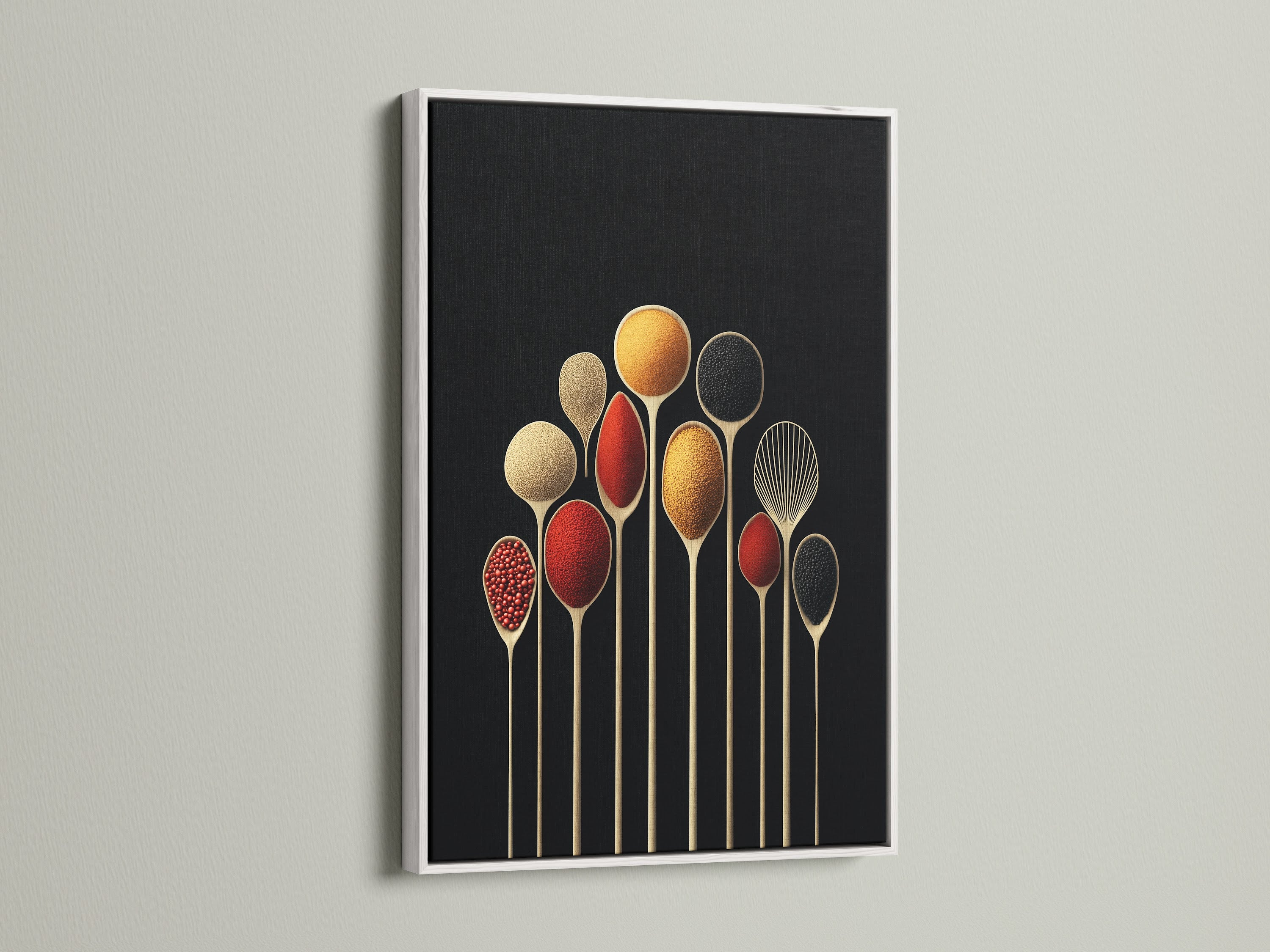 Spice Spoons artwork displayed in a white frame. This modern art print is perfect for kitchen decor. The black background enhances the spice art creating a stunning visual.