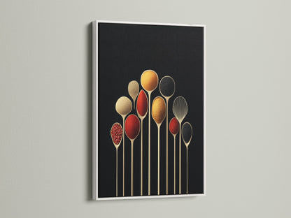 Spice Spoons artwork displayed in a white frame. This modern art print is perfect for kitchen decor. The black background enhances the spice art creating a stunning visual.