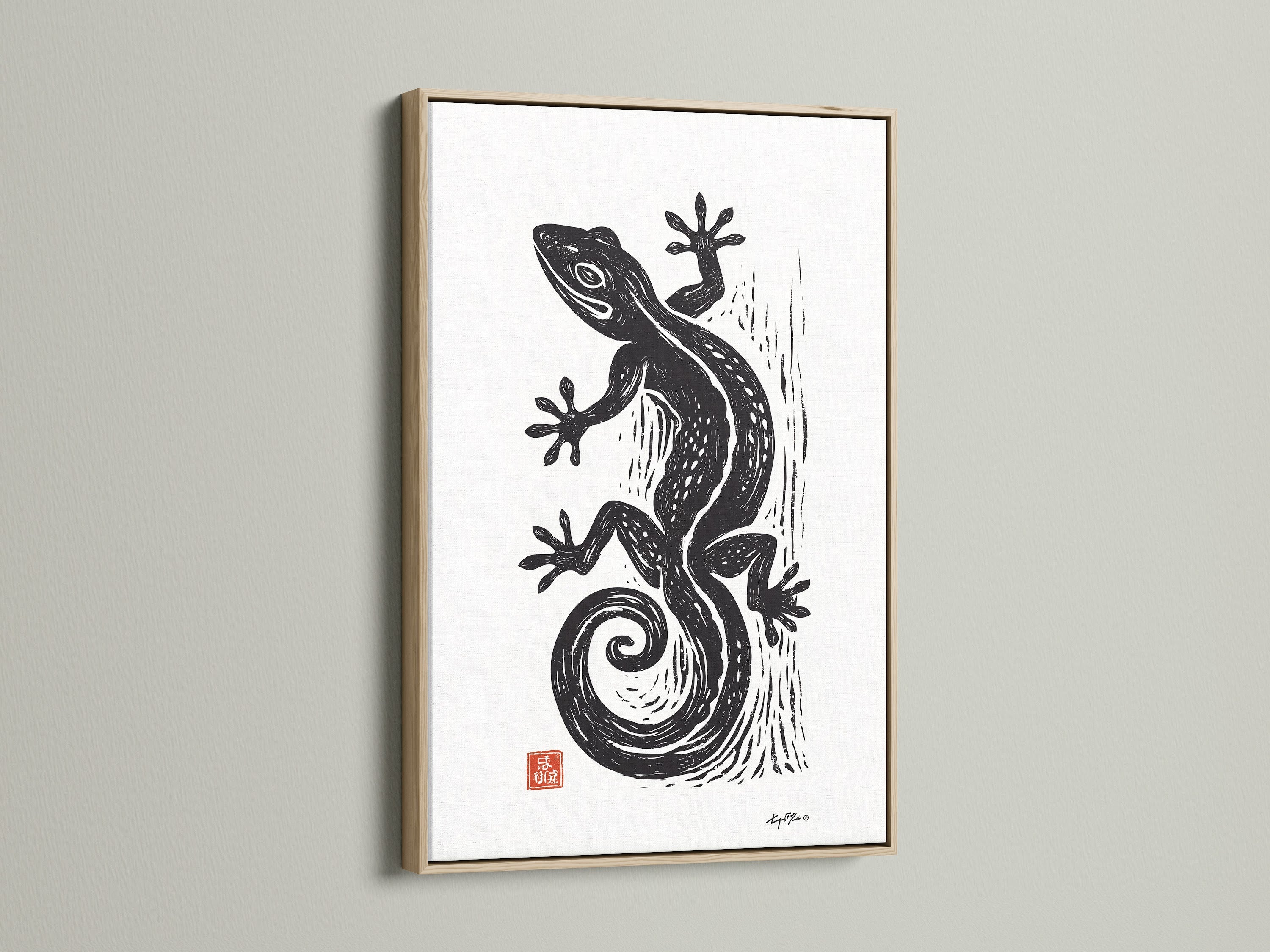 Oak frame enhances this wall art. The art has a white matte. A black gecko artwork is displayed. The frame gives it a gallery-ready appearance. This framed art is ready to hang and enjoy in your space.
