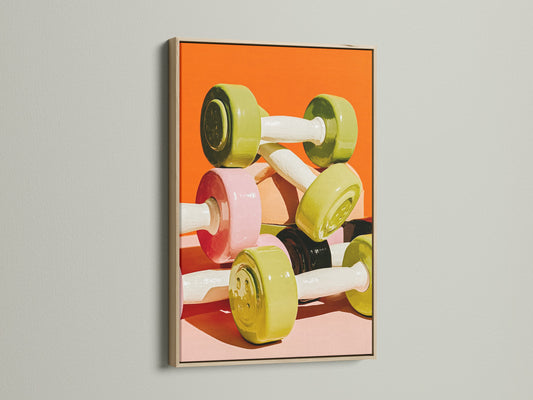 This is a dumbbell canvas print in an oak frame. It enhances any workout space. The oak frame adds warmth. It complements modern minimalist styles. This fitness artwork is perfect for home gyms. Also great for commercial fitness centers.
