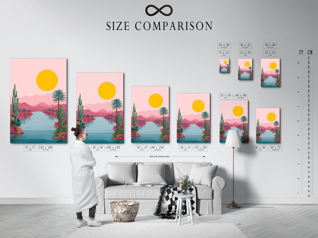 A size comparison chart is set in an interior. It shows various dimensions of the Desert Oasis artwork. Visualize the perfect fit for your space. Options include canvas prints and fine art posters. Find the ideal size to enhance your decor.