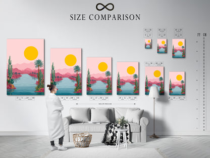 A size comparison chart is set in an interior. It shows various dimensions of the Desert Oasis artwork. Visualize the perfect fit for your space. Options include canvas prints and fine art posters. Find the ideal size to enhance your decor.
