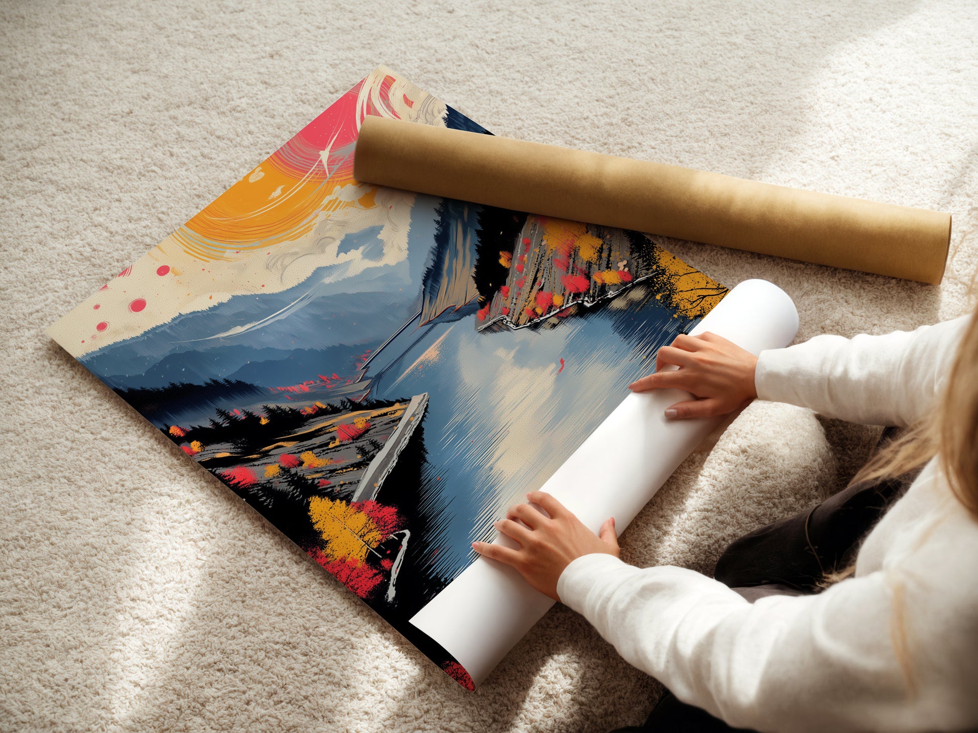 A woman is rolling fine art poster paper. This high-quality paper is perfect for creating stunning prints of your favorite mountain lake art autumn landscape or nature photography. Ideal for homeowners renters and interior designers.