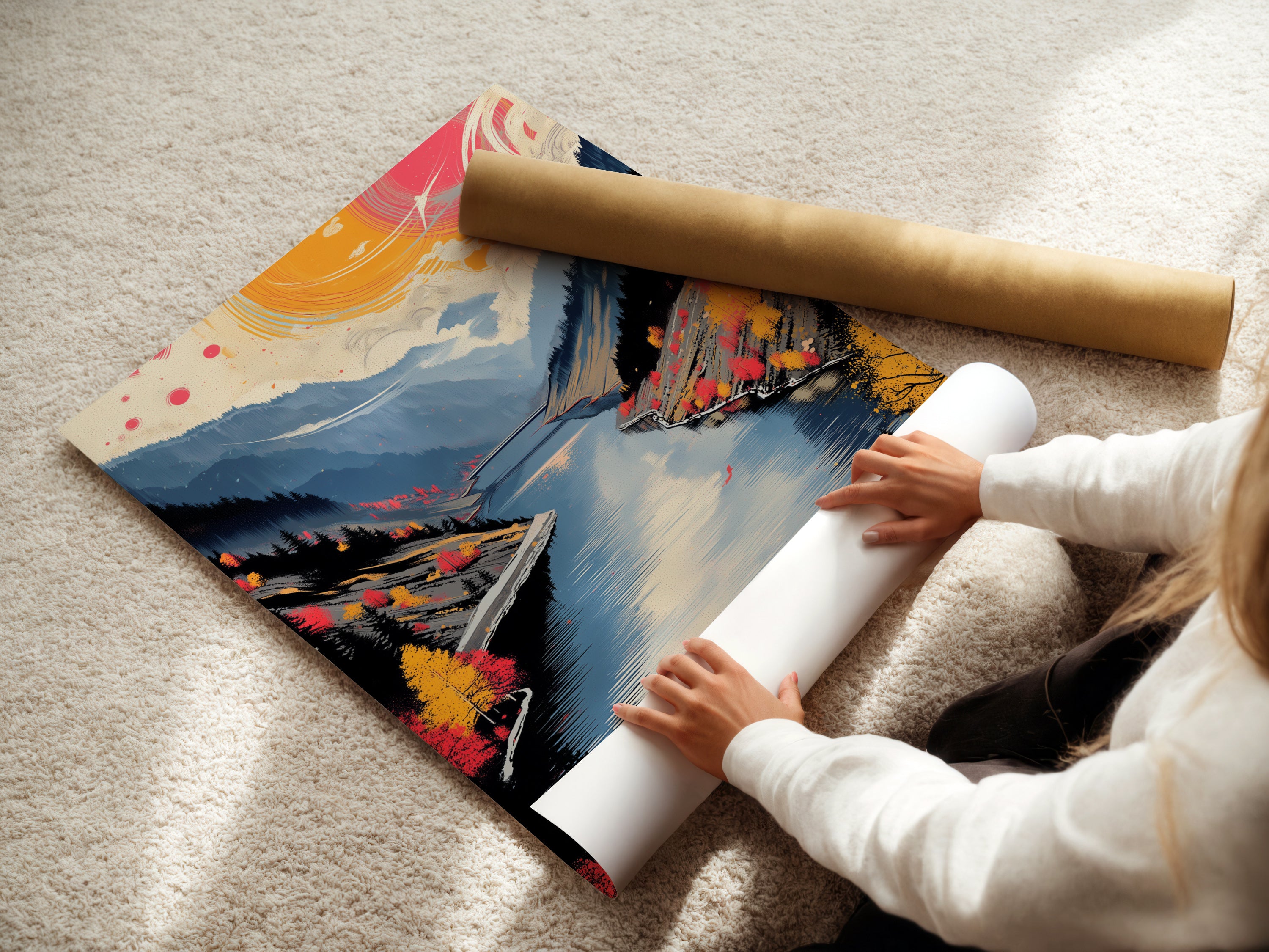 A woman is rolling fine art poster paper. This high-quality paper is perfect for creating stunning prints of your favorite mountain lake art autumn landscape or nature photography. Ideal for homeowners renters and interior designers.