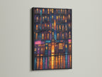 Cityscape at Night artwork presented in a black frame. Urban canvas featuring city light art. The night city print offers a vivid color. A sleek choice for modern home wall decor.