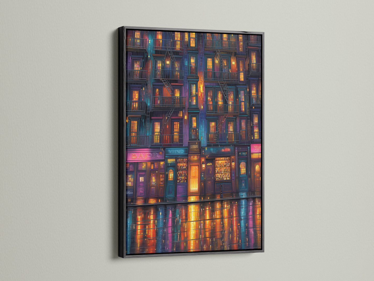 Cityscape at Night artwork presented in a black frame. Urban canvas featuring city light art. The night city print offers a vivid color. A sleek choice for modern home wall decor.
