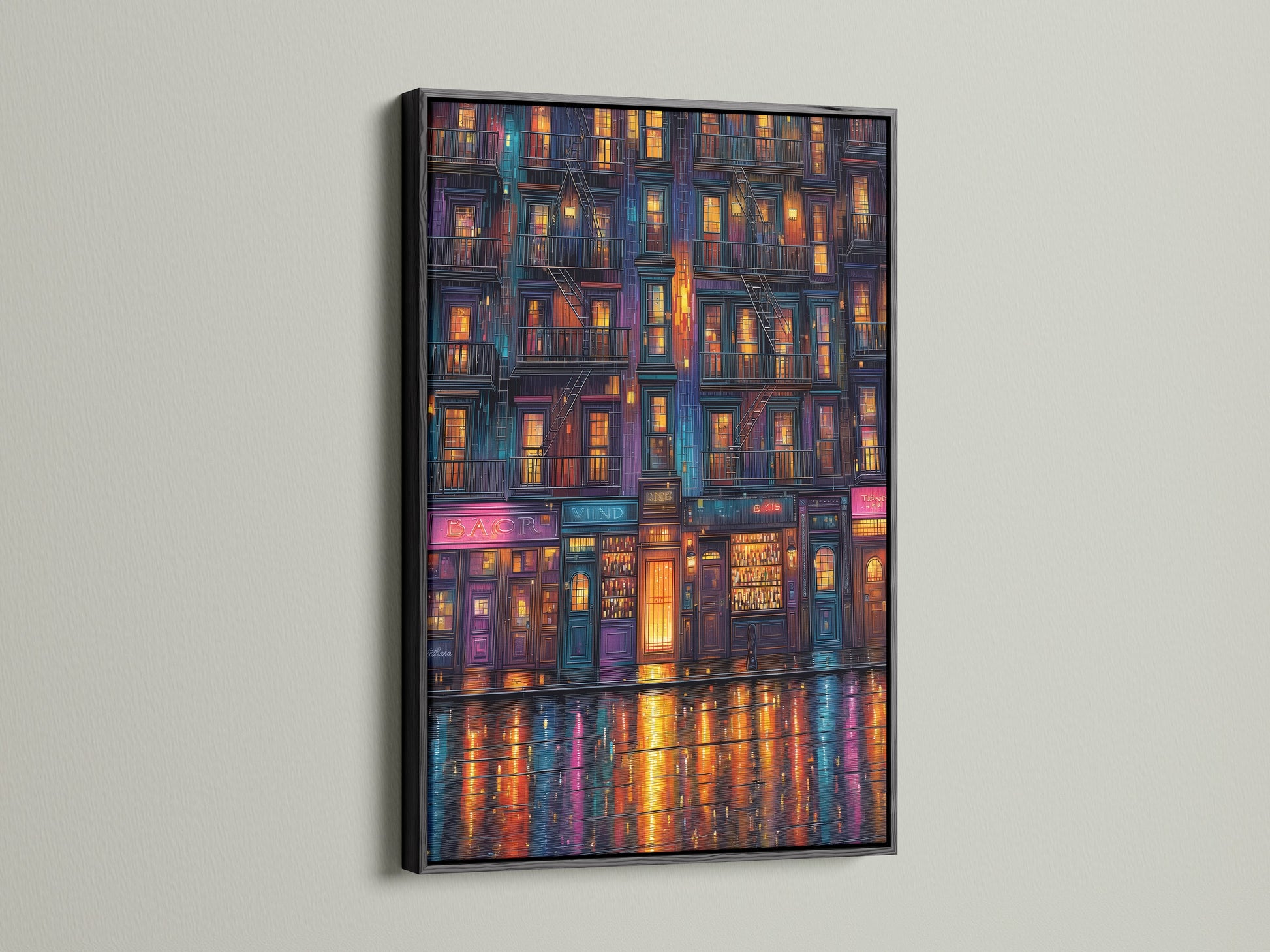 Cityscape at Night artwork presented in a black frame. Urban canvas featuring city light art. The night city print offers a vivid color. A sleek choice for modern home wall decor.