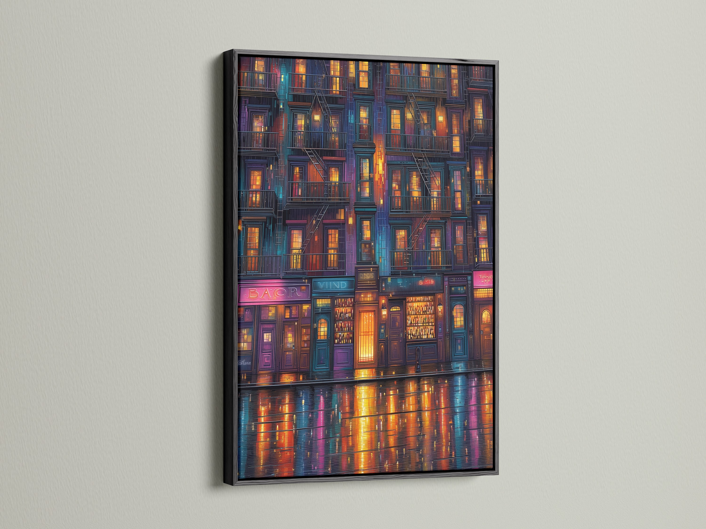 Cityscape at Night artwork presented in a black frame. Urban canvas featuring city light art. The night city print offers a vivid color. A sleek choice for modern home wall decor.