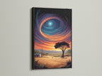 The black frame highlights the dreamy artwork of a surreal landscape. Featuring celestial art this canvas print is perfect for modern interiors. It adds outer space art to any room. Consider it for bedroom art.