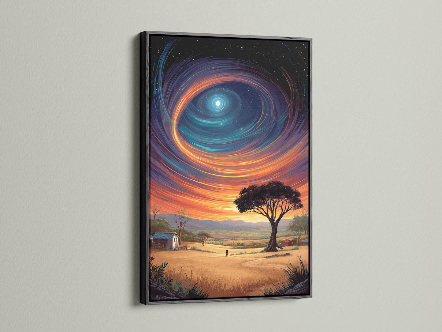 The black frame highlights the dreamy artwork of a surreal landscape. Featuring celestial art this canvas print is perfect for modern interiors. It adds outer space art to any room. Consider it for bedroom art.