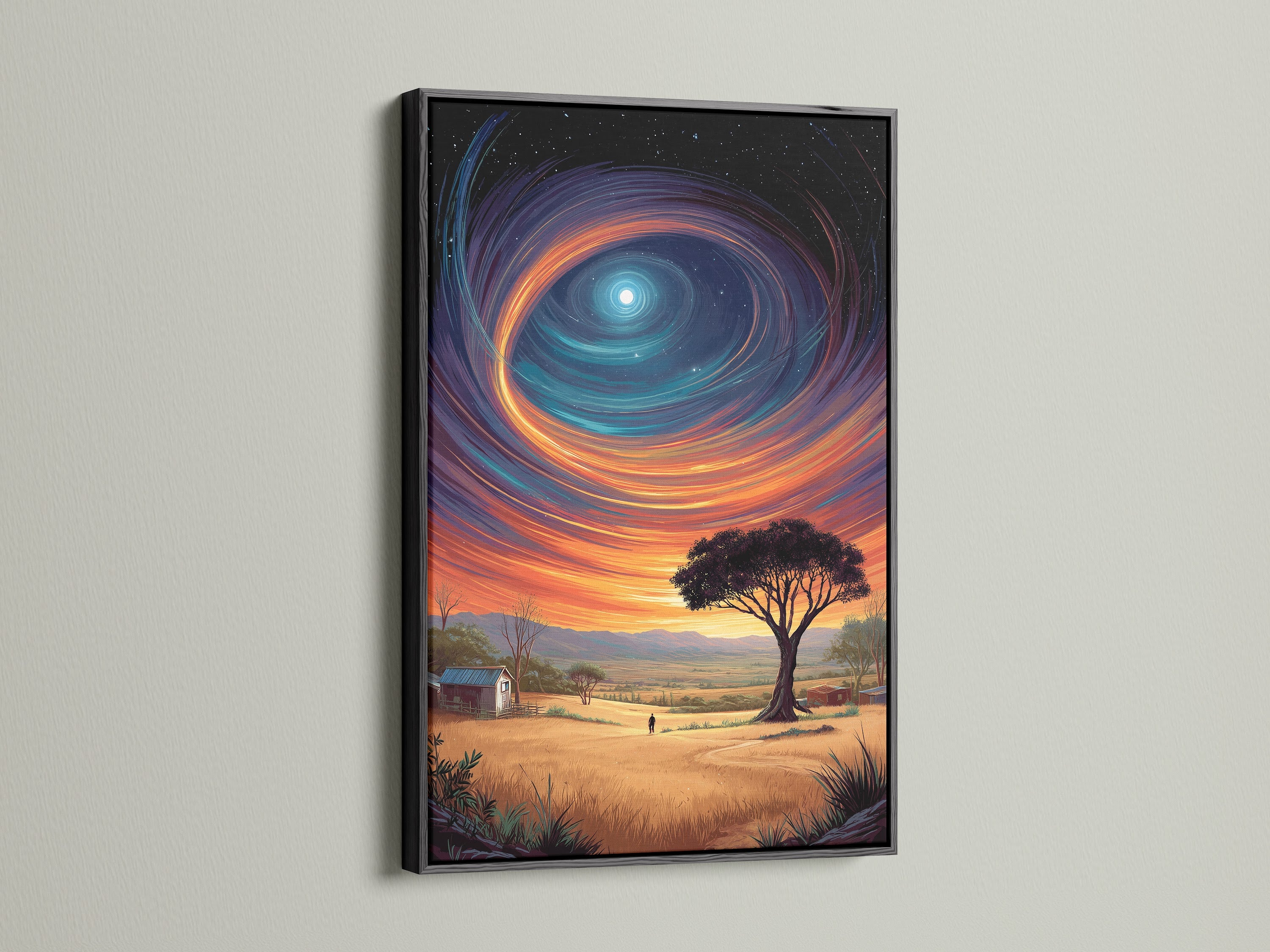 The black frame highlights the dreamy artwork of a surreal landscape. Featuring celestial art this canvas print is perfect for modern interiors. It adds outer space art to any room. Consider it for bedroom art.