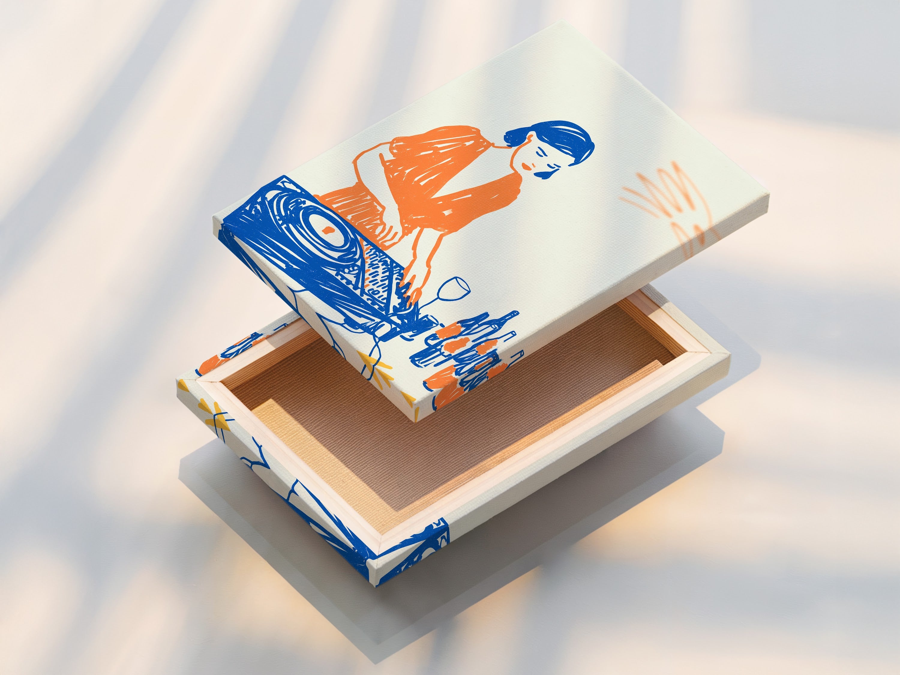 Explore the stretched canvas print option for your DJ Wall Art. See how the canvas enhances the texture and depth of the artwork. Perfect for creating a statement piece in your listening room or lounge. Elevate your space with our quality canvas prints.