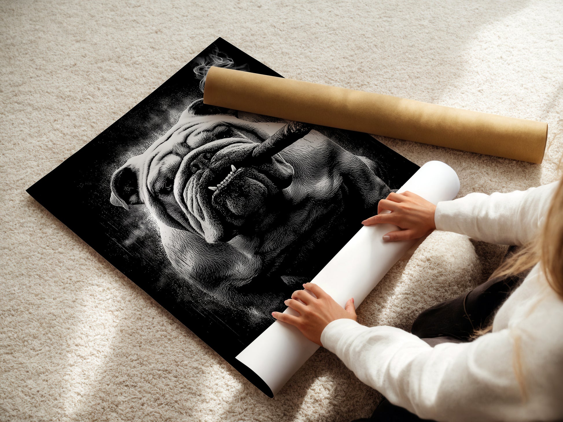 A woman rolling a fine art poster paper. This showcases the care and quality of our art prints. The fine art poster paper ensures a high-quality finish. Get your bulldog smoking artwork as a stunning poster.