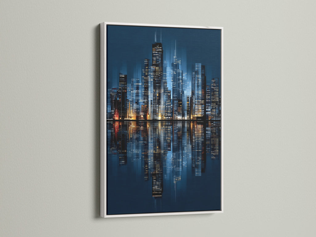 The Chicago skyline artwork looks striking in a white frame. The frame enhances the blue wall art. The piece is ideal for modern contemporary and minimalist styles. Cityscape art brings urban photography to your home.