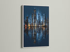 The Chicago skyline artwork looks striking in a white frame. The frame enhances the blue wall art. The piece is ideal for modern contemporary and minimalist styles. Cityscape art brings urban photography to your home.