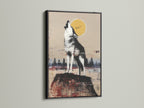 Rustic wildlife wall art featuring a howling wolf under the moon. The artwork is framed in a black frame. Add a touch of wilderness to your home with this wolf artwork. Ideal for rustic wall art and cabin decor. This art is perfect for studies or lounges.