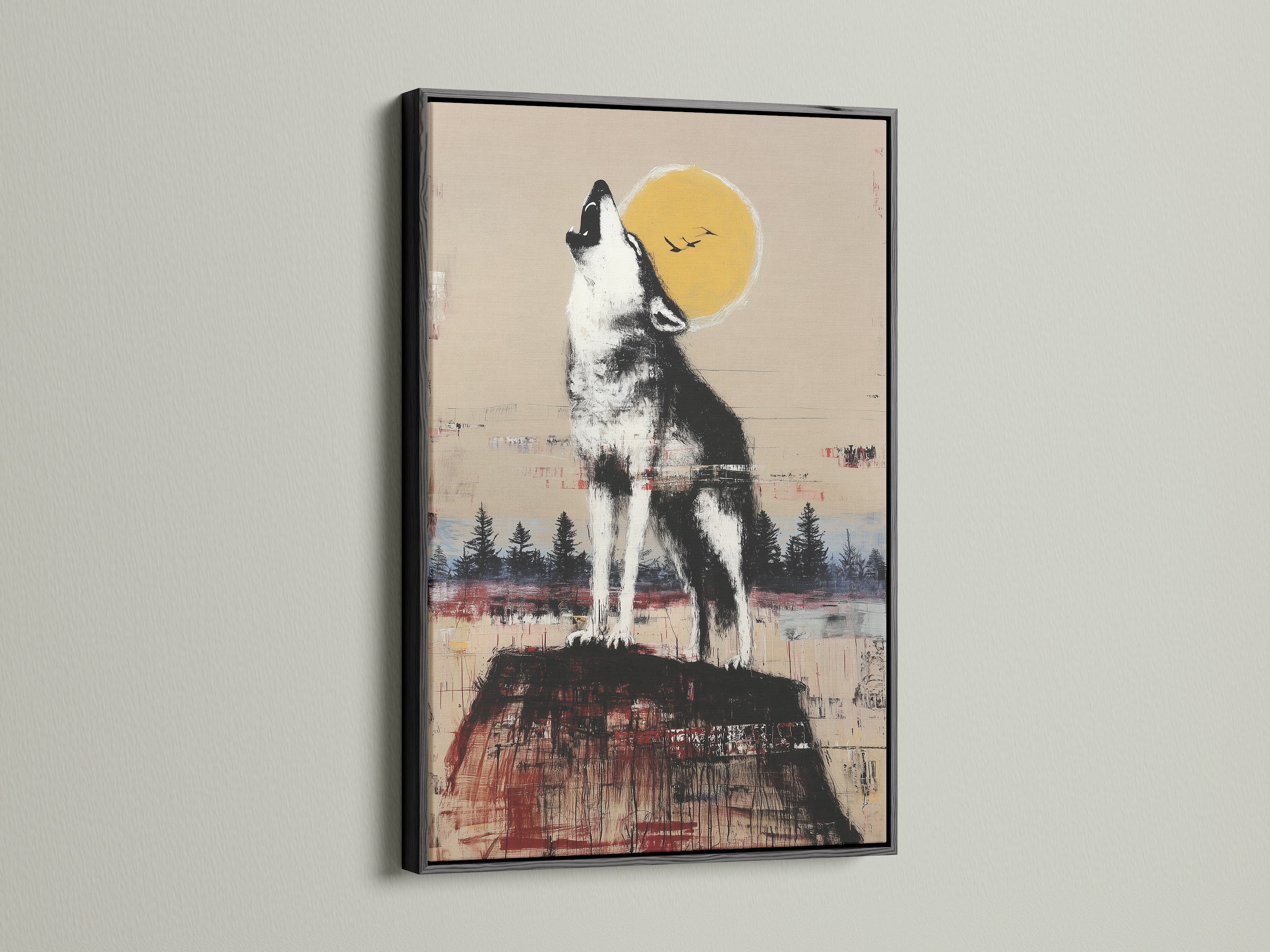 Rustic wildlife wall art featuring a howling wolf under the moon. The artwork is framed in a black frame. Add a touch of wilderness to your home with this wolf artwork. Ideal for rustic wall art and cabin decor. This art is perfect for studies or lounges.
