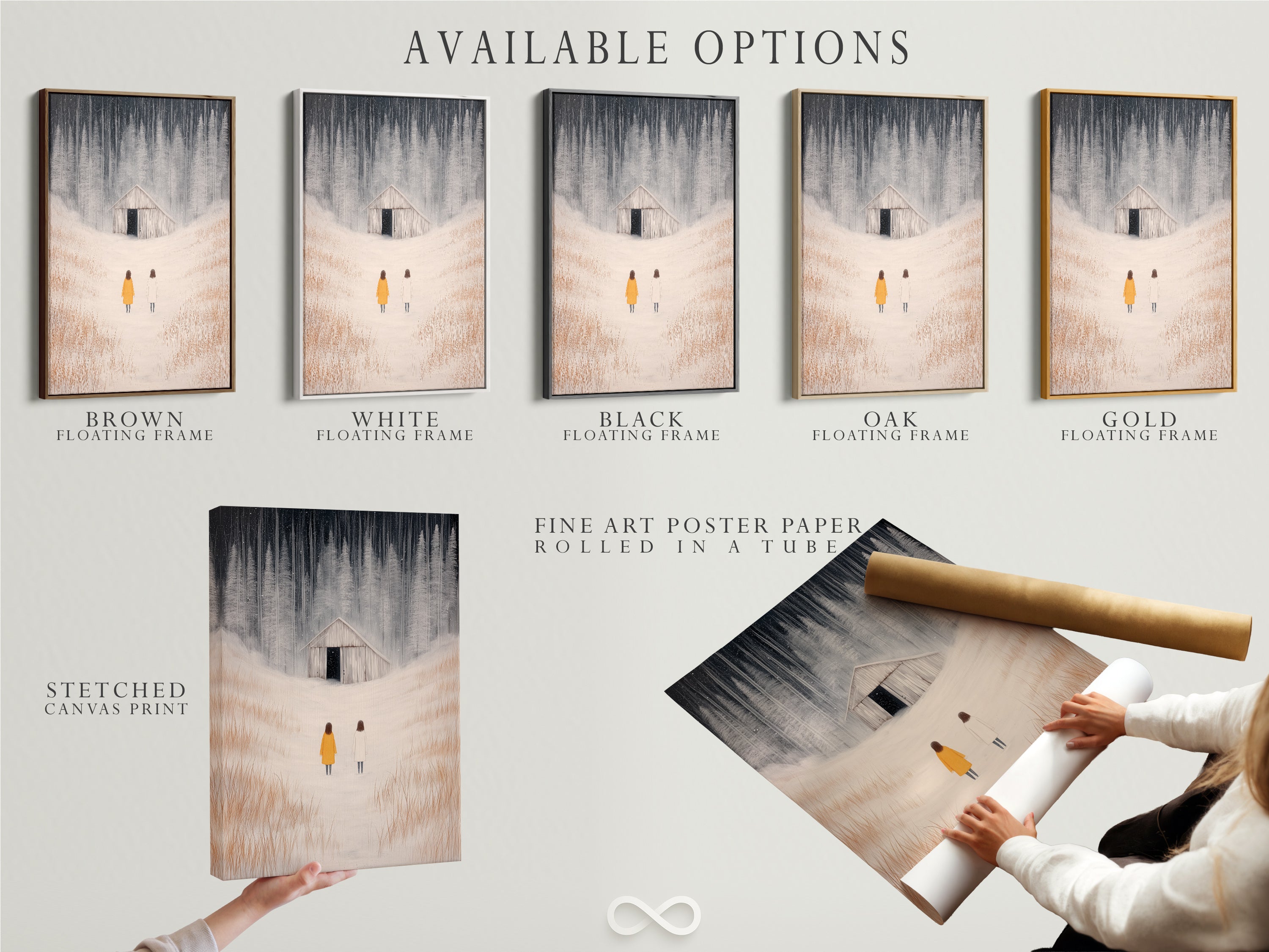 Available options include stretched canvas print fine art poster paper and floating frame. All feature winter landscape artwork with figures in a snowy field. Choose the perfect style for your minimalist farmhouse decor.