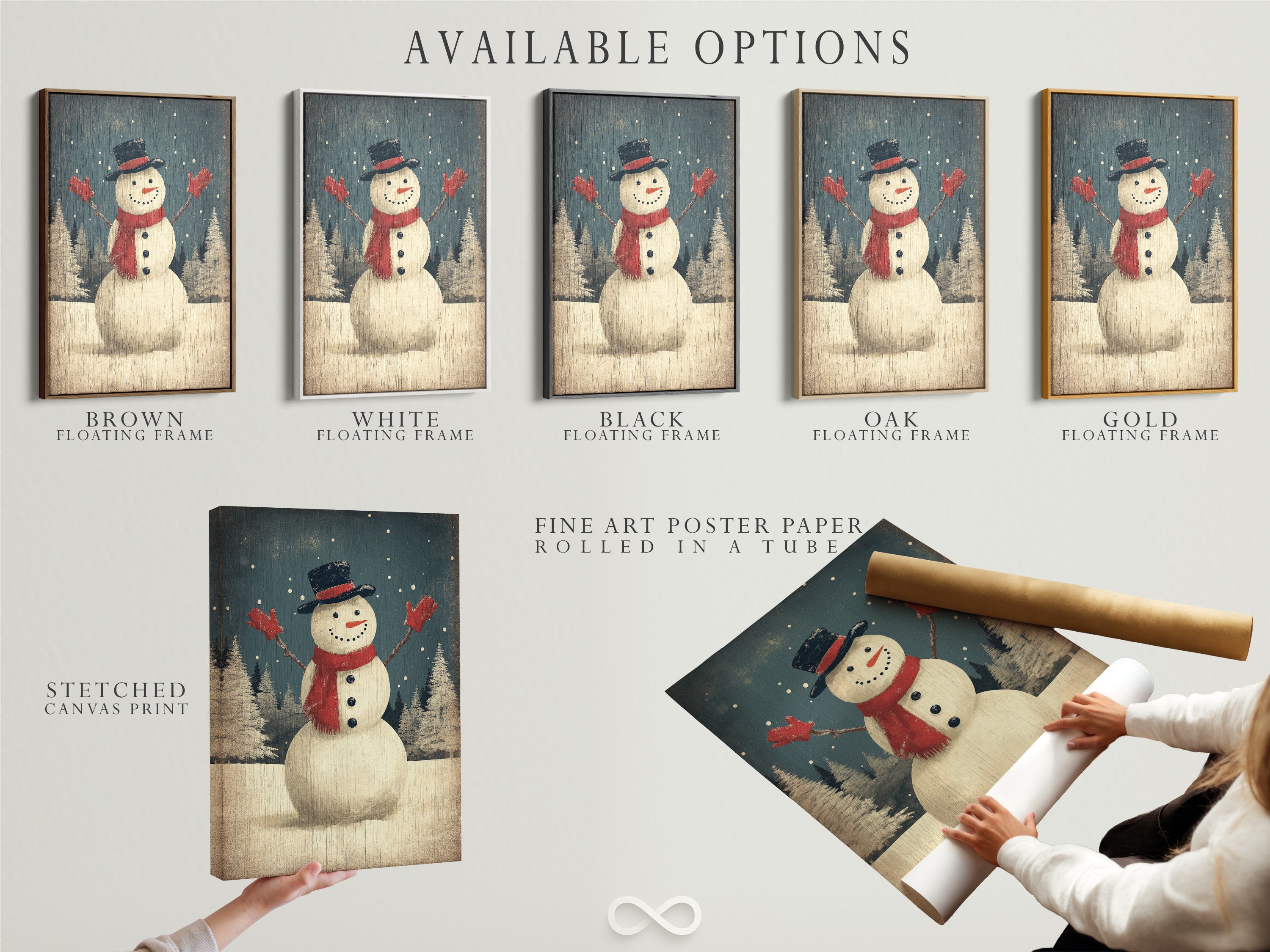 Explore available options for this snowman winter art. Choose from a stretched canvas print fine art poster paper or a floating frame. Enhance your christmas wall decor today.