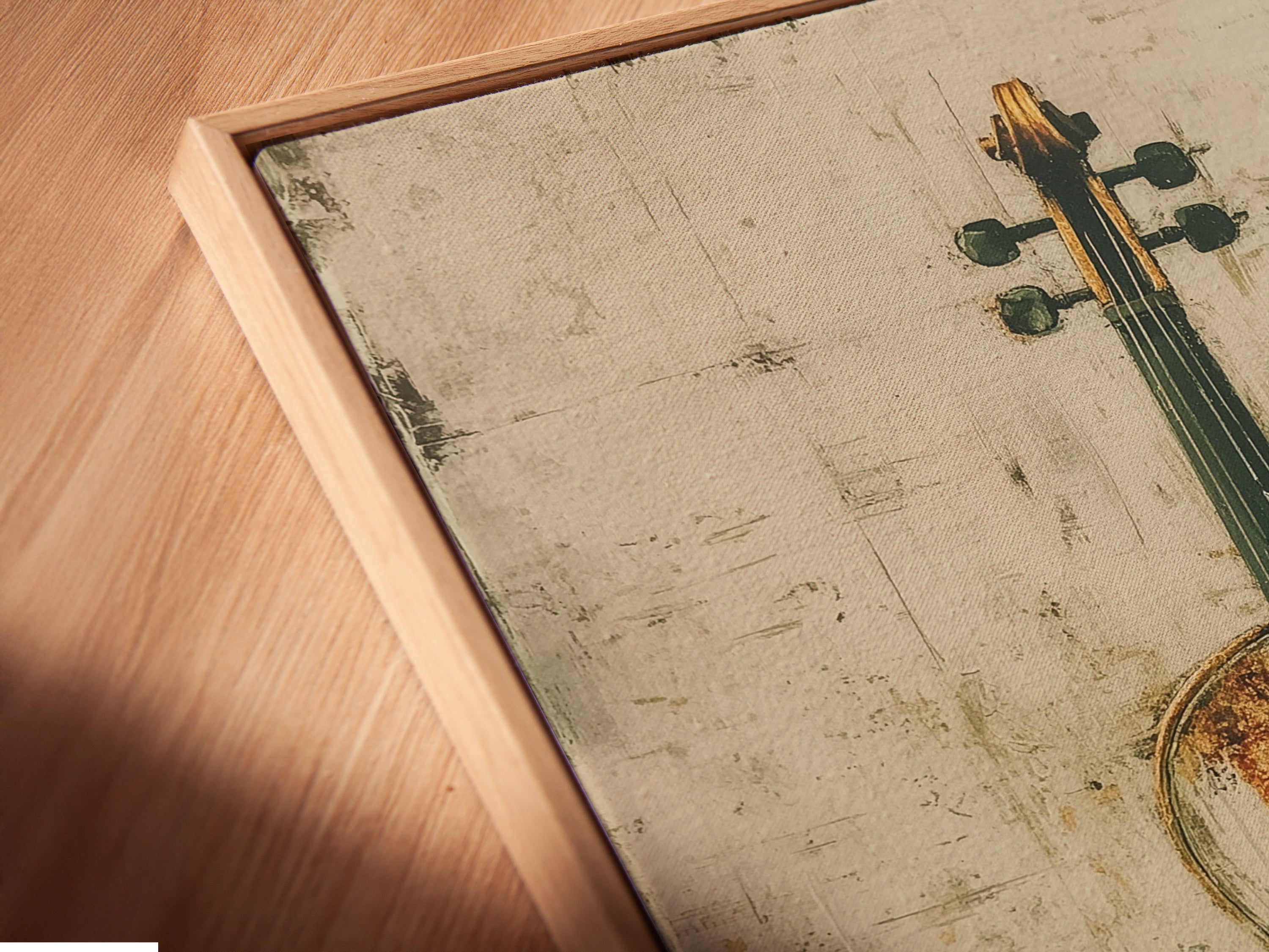 Angled close up of a canvas print in a floating frame. A vintage violin artwork for music enthusiasts. The beige and gold tones enhance its rustic appeal. Ideal for music rooms studios and libraries.