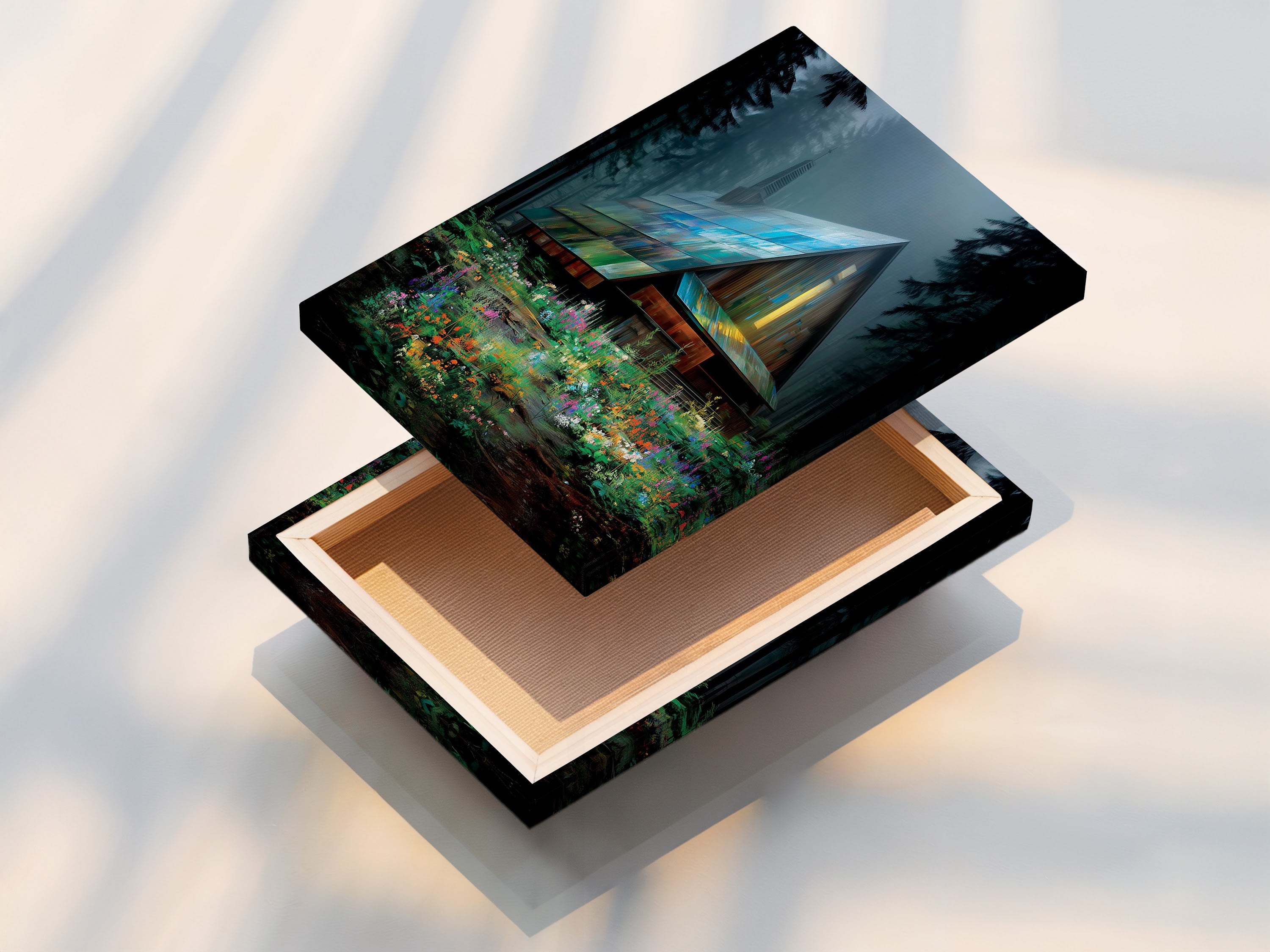 A stretched canvas print is displayed. It features a cabin in the woods artwork. The scene shows a colorful floral landscape. The canvas is ready to hang. Perfect for adding nature to your home or vacation home.