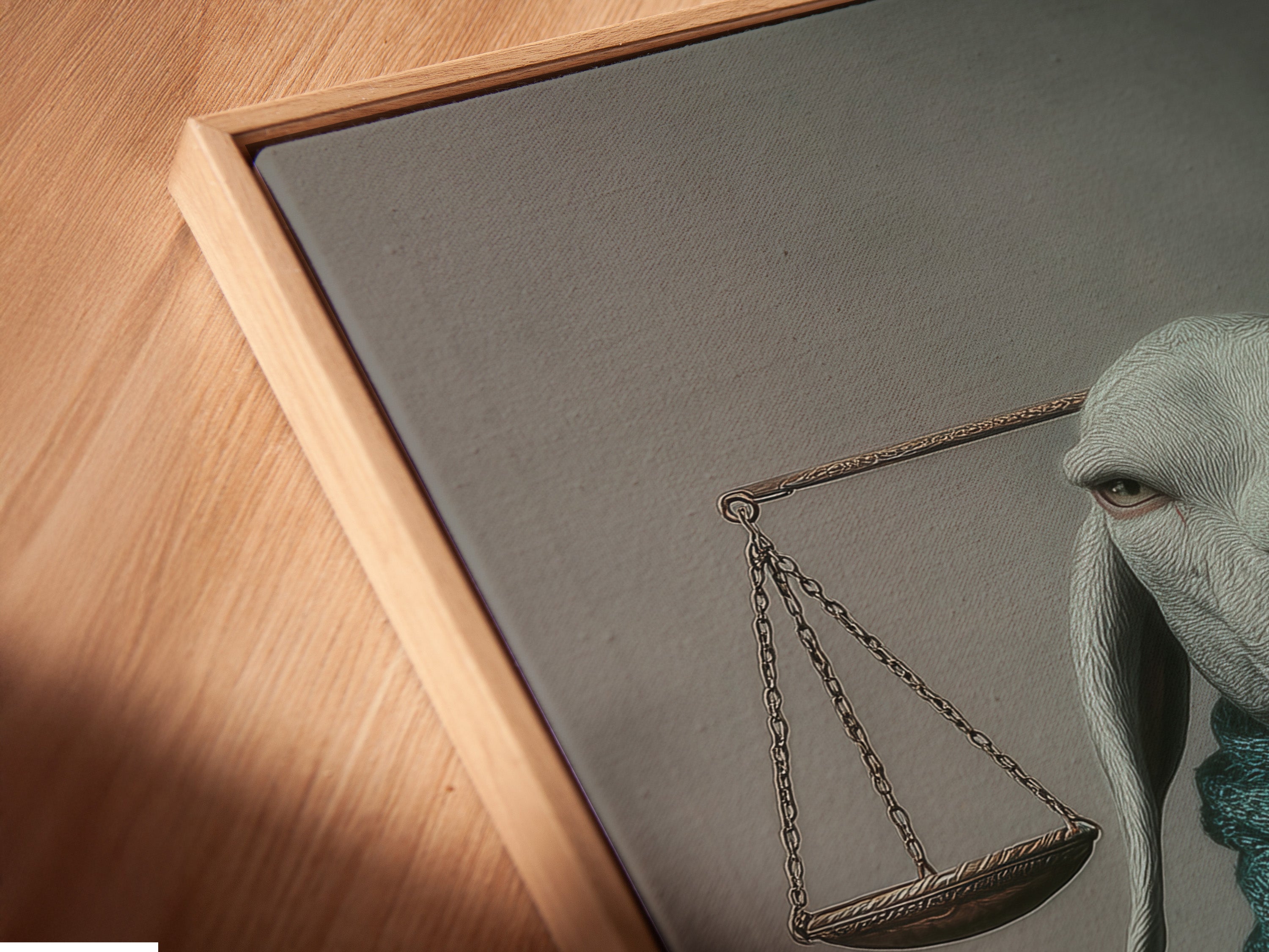 A close-up angled view reveals the Justice Rabbit canvas print. It is set in a floating frame. This modern presentation enhances the artwork's surreal appeal. Ideal for law offices and home studies adding sophistication.