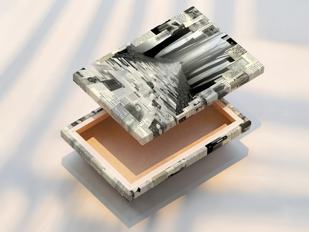 A stretched canvas print displays the captivating Foggy Forest Path artwork. The black and white collage art creates a mysterious ambiance. Ideal for modern minimalist and Scandinavian interiors. This woodland wall art enhances living rooms bedrooms and offices with its contemporary style.