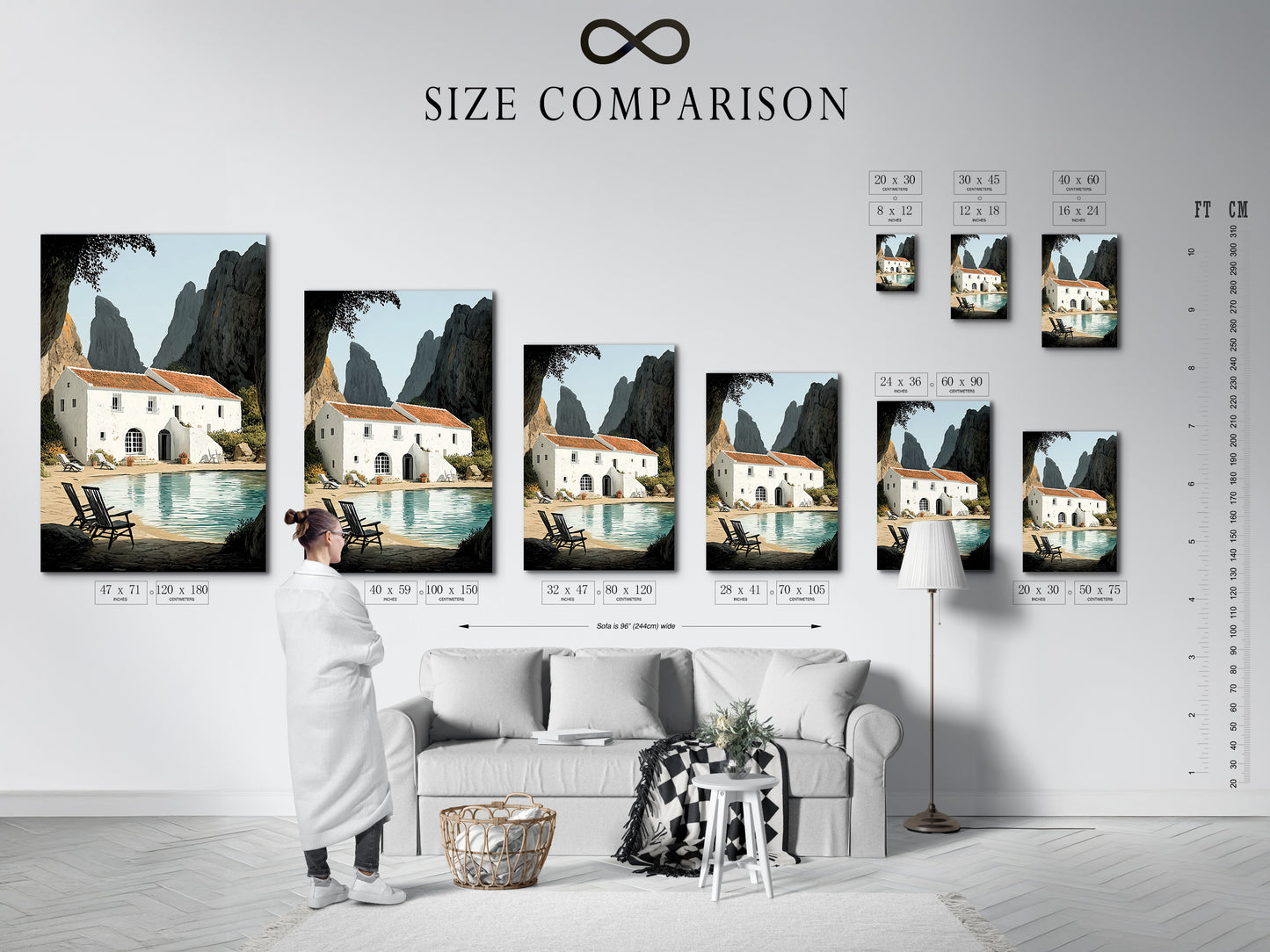A size comparison chart in an interior setting displays various dimensions. This chart helps you visualize how the coastal villa artwork will fit in your space. Choose the perfect size for your living room bedroom or beach house today.