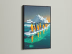This wildlife decor in a black frame features penguins on ice. The iceberg artwork brings a polar art print to any space. Perfect as bedroom wall decor or as a distinctive piece for a modern living space. This canvas art has a contemporary style