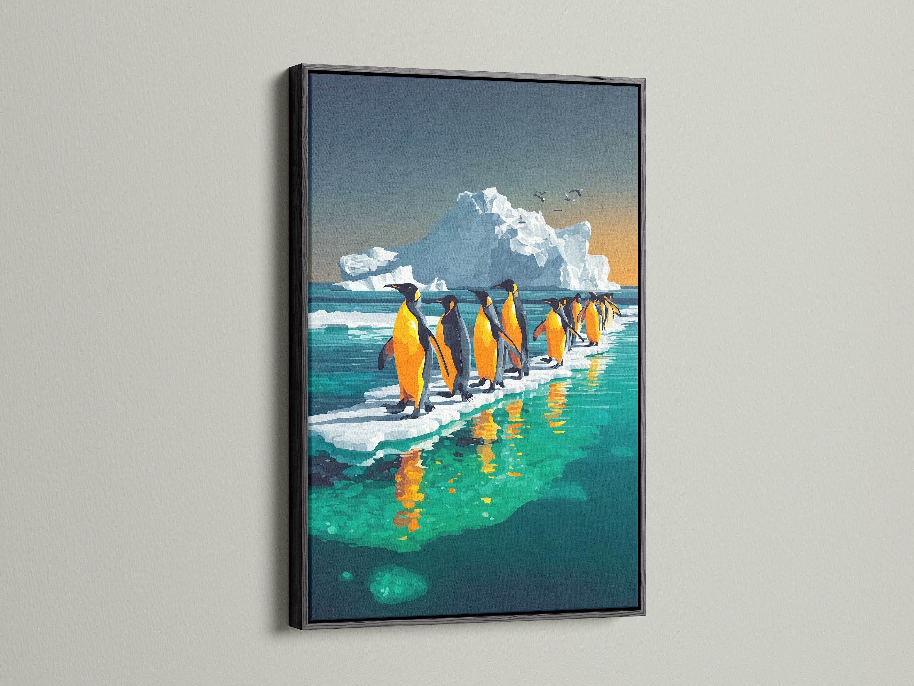 This wildlife decor in a black frame features penguins on ice. The iceberg artwork brings a polar art print to any space. Perfect as bedroom wall decor or as a distinctive piece for a modern living space. This canvas art has a contemporary style