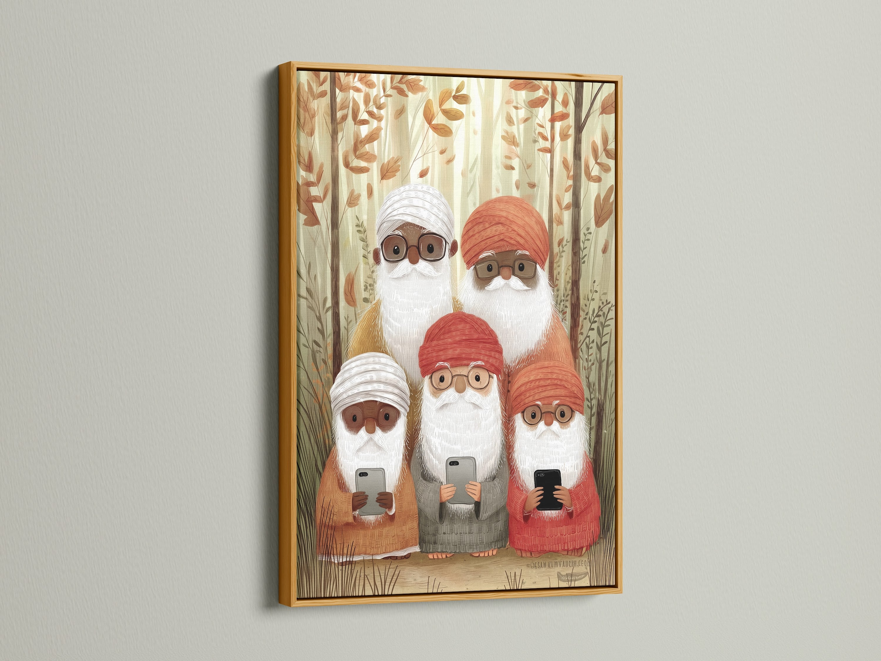 Gnome family artwork showcased in a gold frame. The art features a delightful forest scene with gnome characters. The gold frame adds a touch of elegance and warmth. Great for adding a bit of charm to any room.