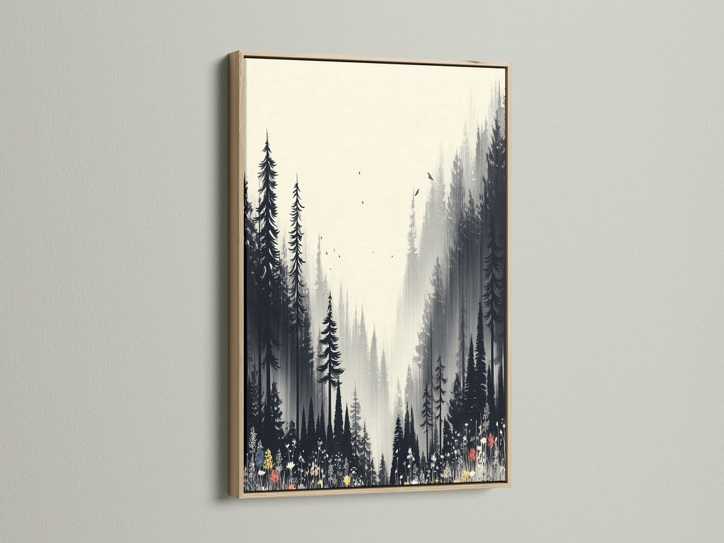 A captivating forest canvas print showcased in an oak frame. The misty woodland art brings nature indoors. Its black and white tones create a serene atmosphere. Ideal nature artwork for minimalist or contemporary spaces. Discover woodland art for your home.